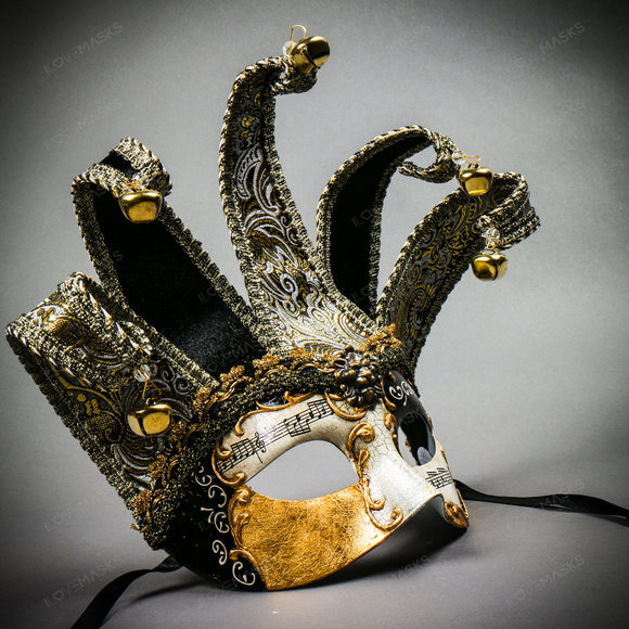 Jester Joker Venetian Musical Eye Mask with Bells - Black Gold - Picture 4 of 10